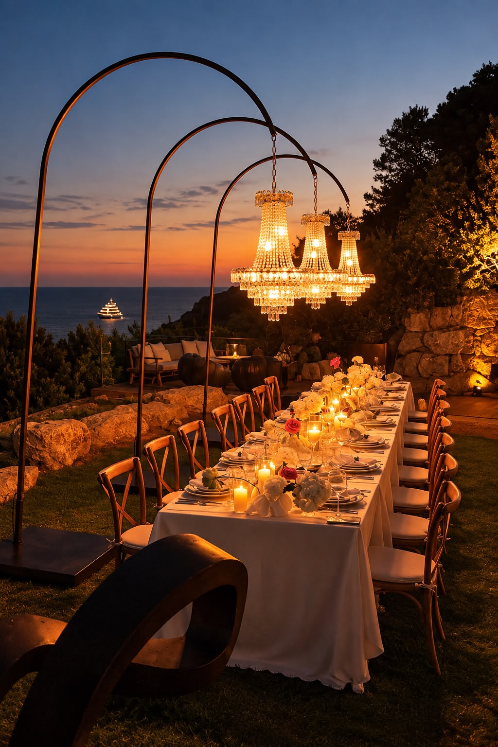 Long candlelit destination dinner overlooking the Mediterranean